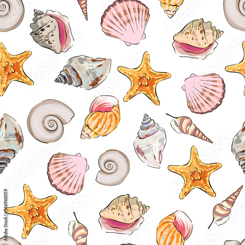 seamless vector pattern on the marine theme. Sea, ocean, shells