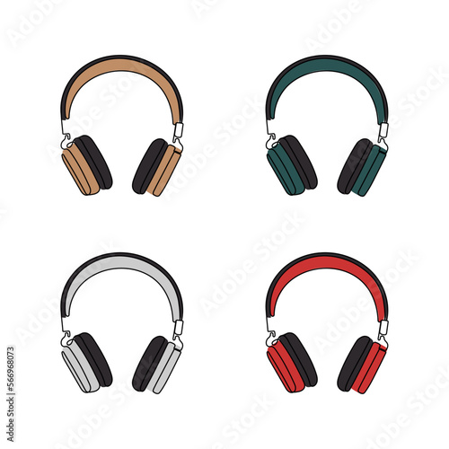 Headphones in different colors. One line art. Device, gadget for listening music. Hand drawn vector illustration.