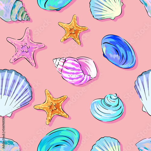 seamless vector pattern on the marine theme. Sea, ocean, shells