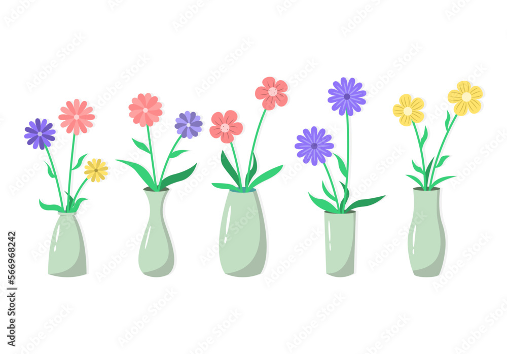 Set of cute flat flowers in vase, home decoration illustration Set of cute flat flowers in vase, home decoration illustration