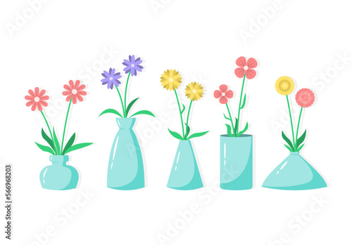 Set of cute flat flowers in vase, home decoration illustration