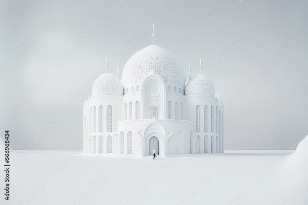 Beautiful, minimalist landscape with a lone white mosque. Clean white world concept. Post-processed digital AI art