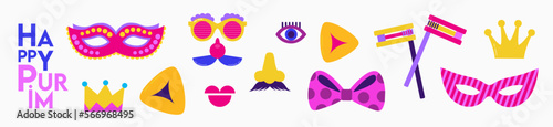 Purim, Jewish holiday. Funfair funny costume accessories, carnival mask and carnival and birthday party elements.