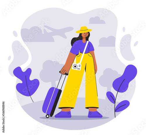 Girl or young woman with suitcase waiting for the boarding and flight with camera at the airport with nature, flat travel concept, character in flat style. Vector illustration.