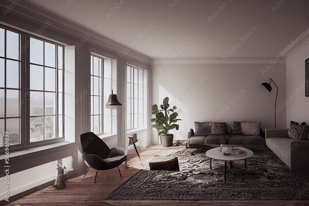 Fototapeta premium mock up poster frame in boho interior background, wooden living room design, Scandinavian style. Generative AI illustration