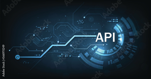 (API)Application Programming Interface. Software development tools, information technology, modern technology on dark blue background.	