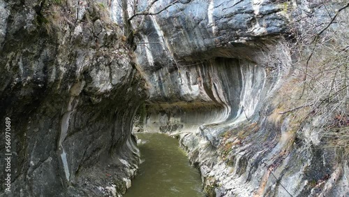 Drone flight over geological formation Cheile banitei near Petrosani, Romania. photo