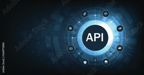  Application Programming Interface (API). Software development tools, information technology, modern technology, internet, and networking concept on dark blue background.	