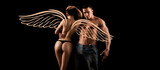 Angels couple, valentines day photo banner. Sensual sexy and beauty couple. Young sexual lovers of handsome muscular man with bare muscular chest with pretty woman embracing.