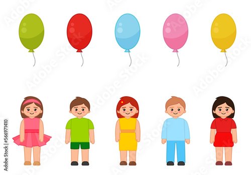 Matching children educational game. Activity for pre sсhool years kids and toddlers. Give each child a balloon of the correct color.
