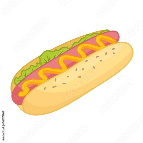 Vector illustration of cartoon american hot dog with mustard isolated on white background.
