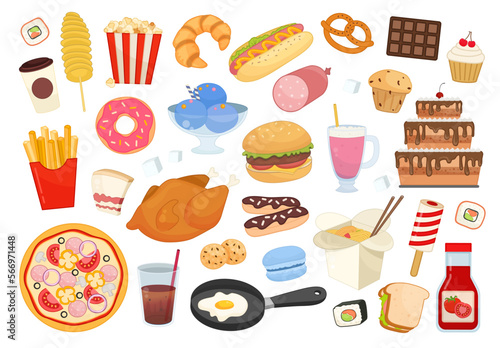 Big vector set of cartoon fast food isolated on white background.

