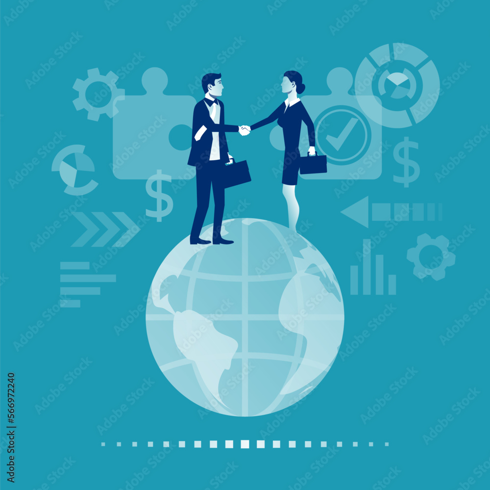 Global partnership. Business people standing on the planet shake hands. Collaboration concept. Global business worldwide. Agreement on earth globe. Vector flat design. Isolated on white background. Global partnership. Business people standing on the planet shake hands. Collaboration concept. Global business worldwide. Agreement on earth globe. Vector flat design. Isolated on white background.