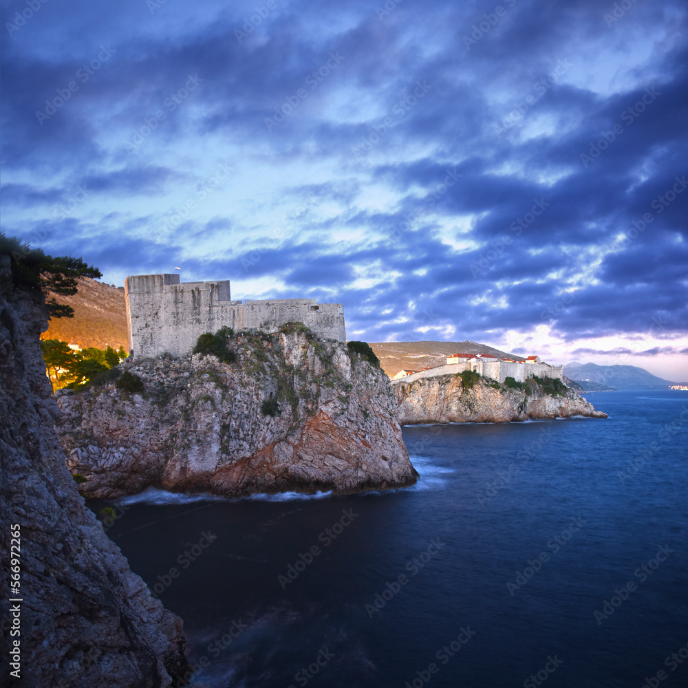 night view to the medieval Lovrijenac Fort at the northern harbor entrance from the old town walls in Dubrovnik, Croatia, Adriatic Sea, Dalmatia region
