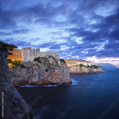 night view to the medieval Lovrijenac Fort at the northern harbor entrance from the old town walls in Dubrovnik, Croatia, Adriatic Sea, Dalmatia region 