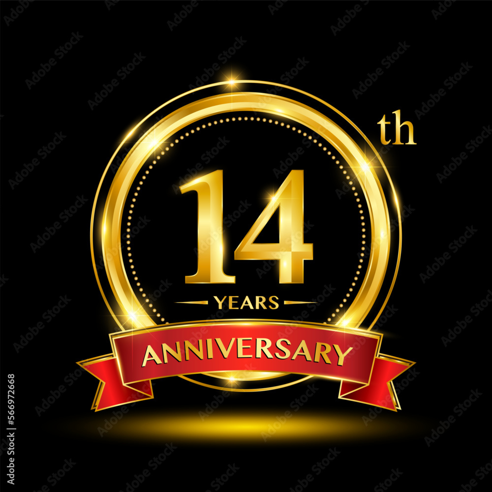 14th Anniversary logo design with golden ring and red ribbon for anniversary celebration event. Logo Vector Template Illustration 14th Anniversary logo design with golden ring and red ribbon for anniversary celebration event. Logo Vector Template Illustration