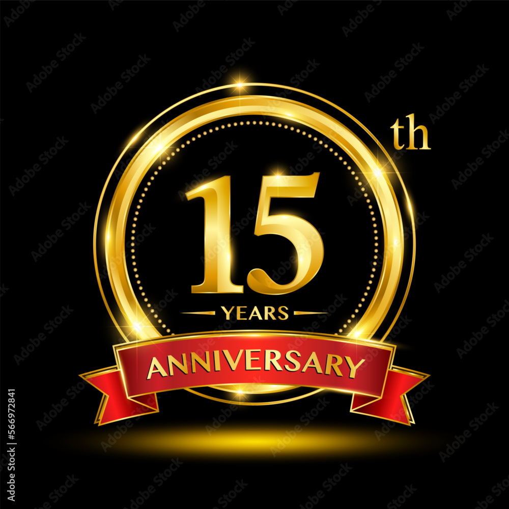 Fototapeta premium 15th Anniversary logo design with golden ring and red ribbon for anniversary celebration event. Logo Vector Template Illustration