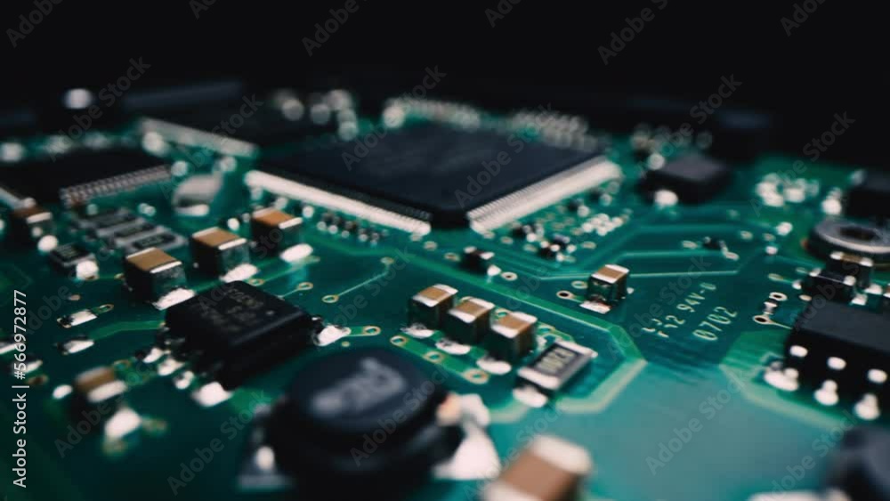 Macro dolly shot side view of a computer electrical circuit with cip, slots, microchip and microprocessors, black board with transistors and microchips. Close up detail of electronic components on PC. Macro dolly shot side view of a computer electrical circuit with cip, slots, microchip and microprocessors, black board with transistors and microchips. Close up detail of electronic components on PC.