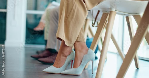 Feet, business people and job interview waiting room with nervous, excited or impatient group. Row, job hunting and shoes of candidates in queue for company hiring, recruitment and job opportunity