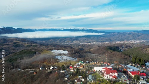 PARANG ROMANIA - January 24 2023 - Parang ski resort in the Parang mountains, Romania. Drone footage photo