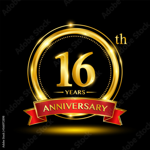 16th Anniversary logo design with golden ring and red ribbon for anniversary celebration event. Logo Vector Template Illustration photo
