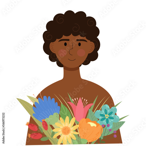 Afro american woman with bouquet of flowers.Happy Women's Day. March 8. 