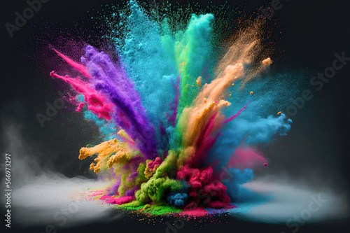 Colored powder explosion. Abstract closeup dust on backdrop. Holi celebration background. Generative ai.