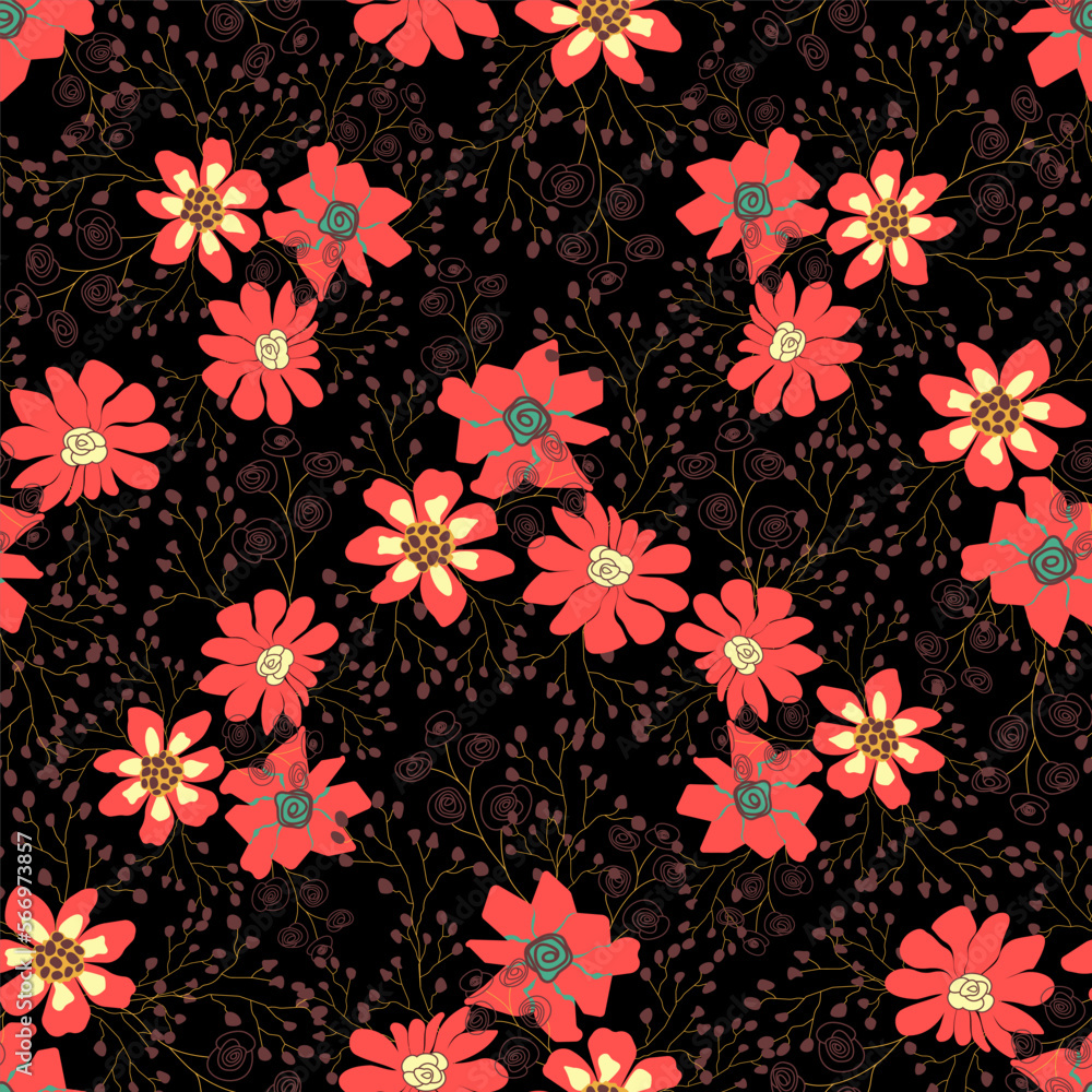 Seamless pattern with  flowers  on black background. Linear hand drawn vector illustration.
