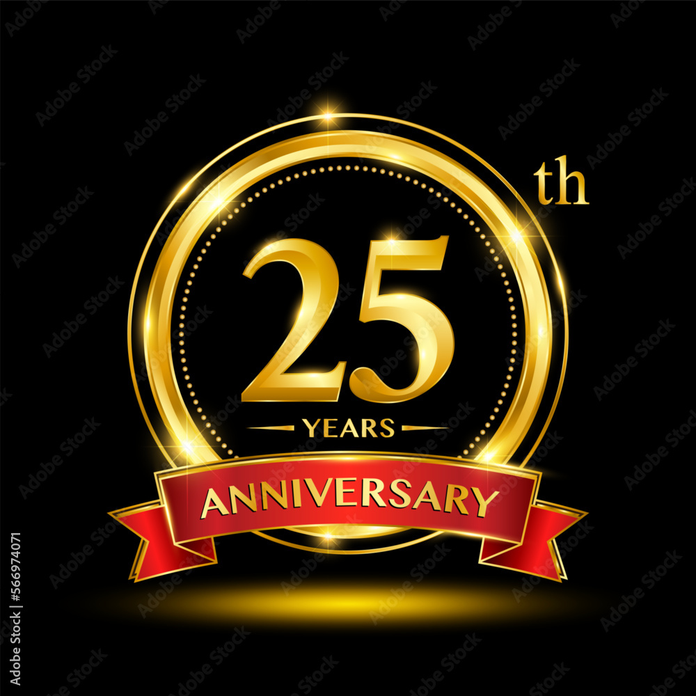 25th Anniversary logo design with golden ring and red ribbon for anniversary celebration event. Logo Vector Template Illustration 25th Anniversary logo design with golden ring and red ribbon for anniversary celebration event. Logo Vector Template Illustration