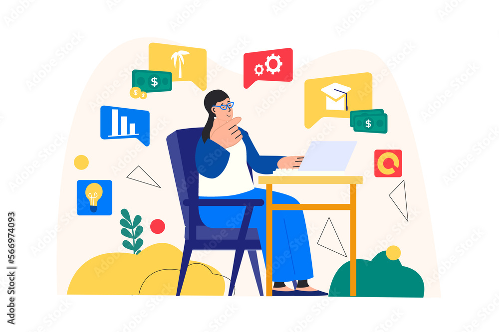 Concept Planning financial budget with people scene in the flat cartoon style. Woman thinks what she will spend her saving on. Concept Planning financial budget with people scene in the flat cartoon style. Woman thinks what she will spend her saving on.