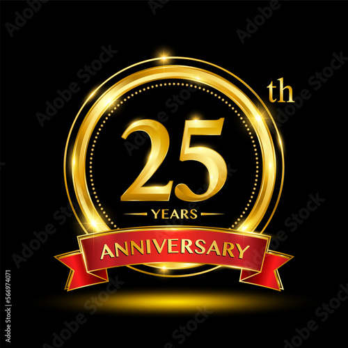 25th Anniversary logo design with golden ring and red ribbon for anniversary celebration event. Logo Vector Template Illustration