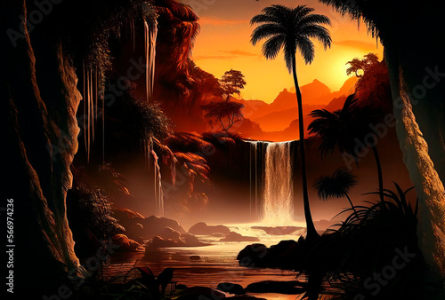 Palm trees against sunset sky, tropical coast with waterfall and mountains on a background, river, lake. Generative AI