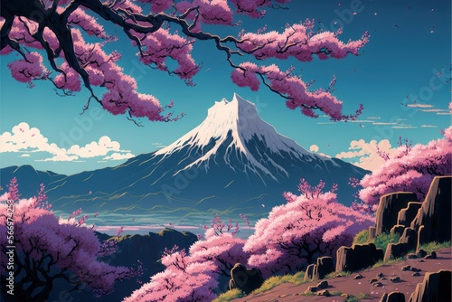Japanese Snow-capped Mountain with Cherry Blossoms in Anime Style, Mount Fuji-like, Digital Illustration, Concept Art, Generative AI