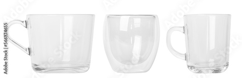 a set of glass mugs of different sizes Small and large mugs. Empty glass mugs. PNG. Without background photo