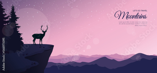 Silhouette of a deer standing on the edge of a cliff. Mountain peaks in the distance, starry night sky, evening twilight. Wildlife watching, hiking. Vector illustration.
