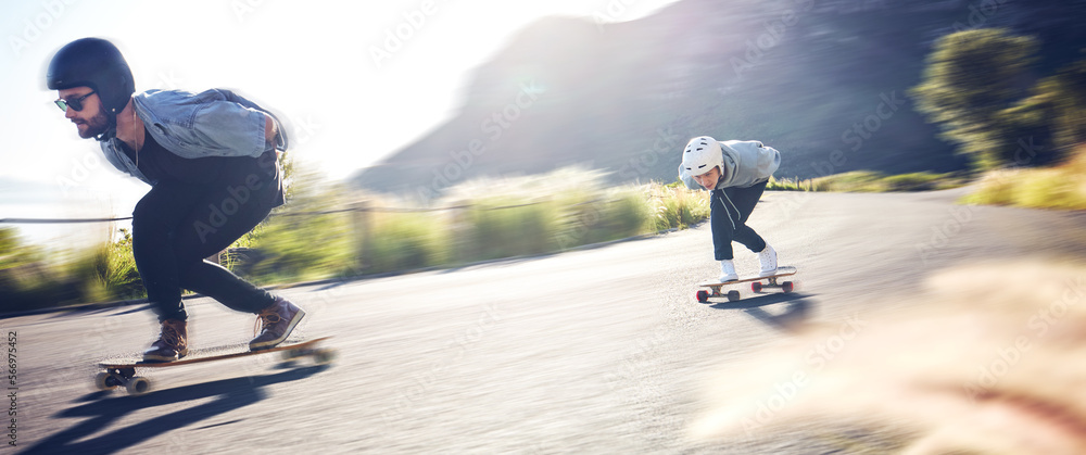 Sports, speed and fast longboard skating in road, friends racing downhill with skateboard and helmet for safety. Extreme sport adventure, skateboarding street race and skateboarder on mountain pass. Sports, speed and fast longboard skating in road, friends racing downhill with skateboard and helmet for safety. Extreme sport adventure, skateboarding street race and skateboarder on mountain pass.