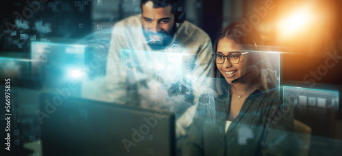 Canvastavla Creative business people, global digital transformation and hologram for telemarketing or future networking at night with lens flare