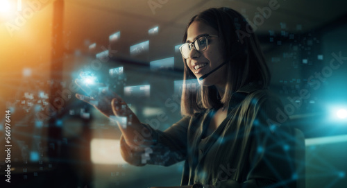 Obraz na płótnie Creative businesswoman, hologram and digital transformation or icons at night in double exposure