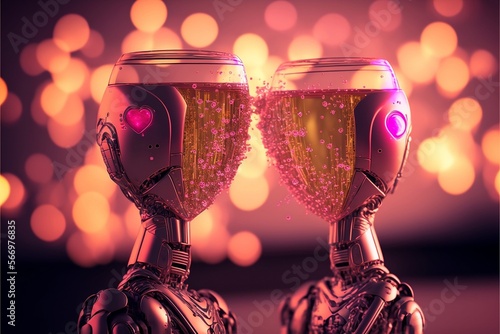 Due calici robot che brindano con champagne per san valentino,Brindisi di celebrazione di San Valentino. AI generated image.