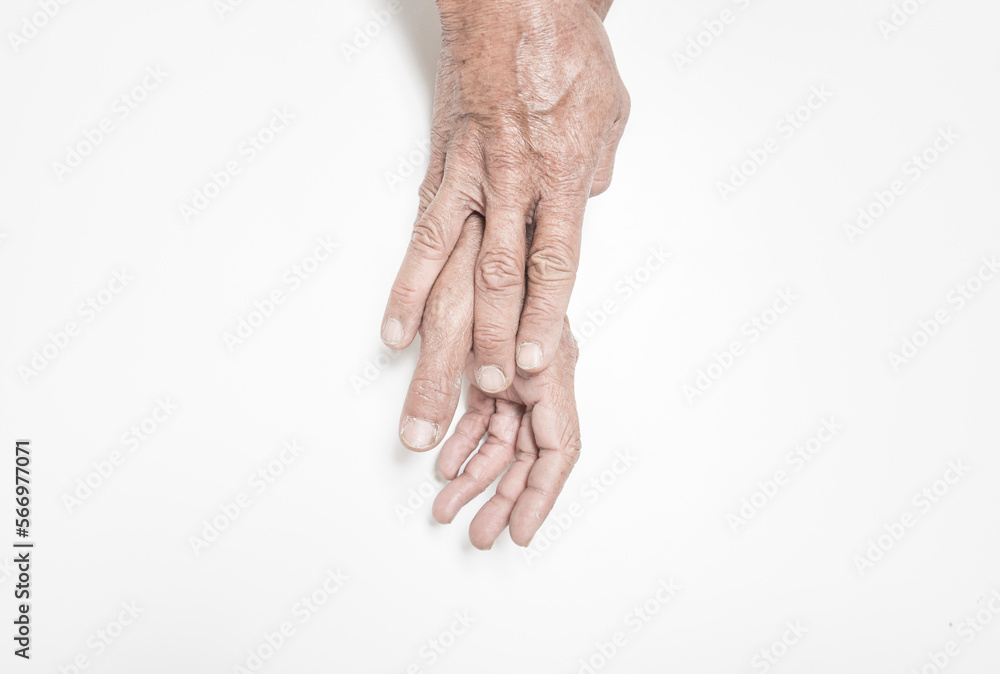 Fototapeta premium Hand and finger expressions seniors with weakness problems and pain in the muscles and bone marrow on a white background