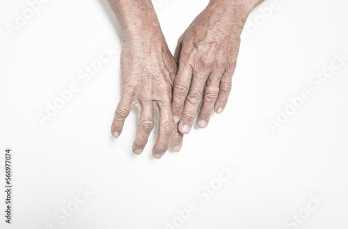 Hand and finger expressions seniors with weakness problems and pain in the muscles and bone marrow on a white background