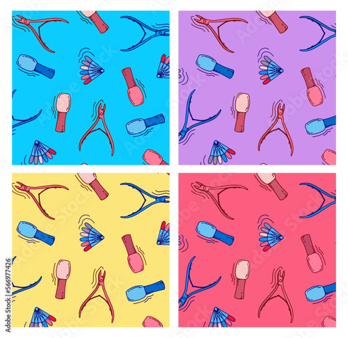 set with doodle seamless patterns with gel polish, nail tips, nail tweezers, nail salon. Bright vector poster for beauty salon on purple, pink, blue, yellow background