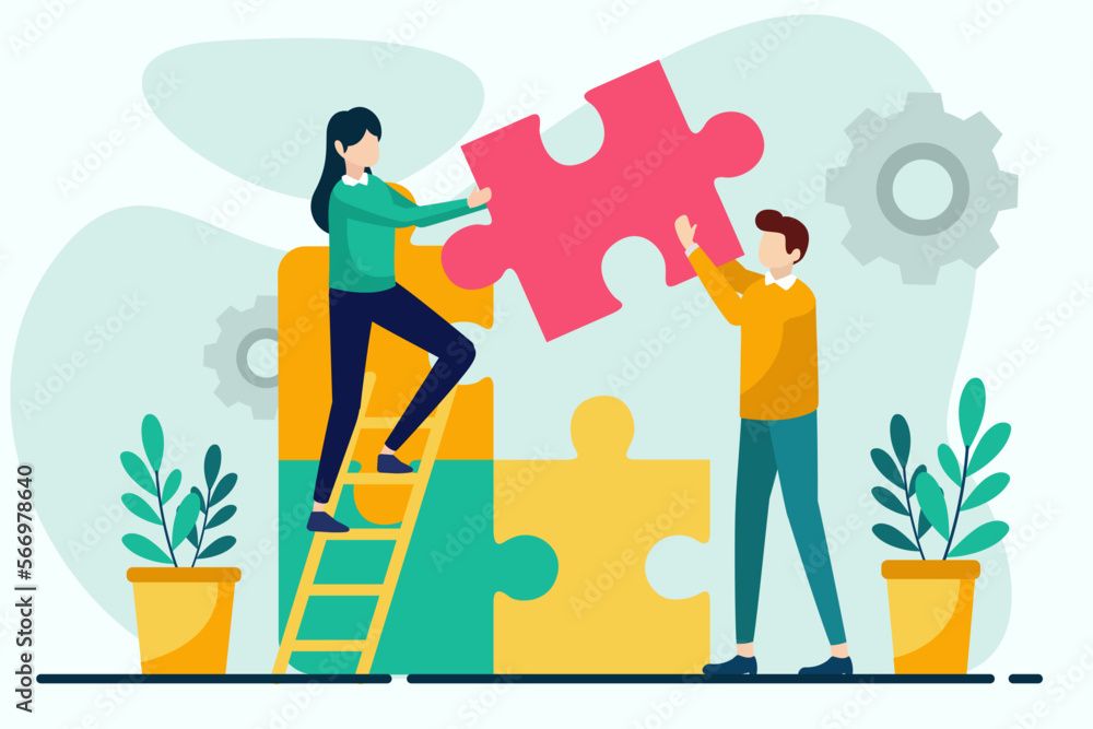 Man and woman assembling jigsaw puzzle together. Teamwork concept vector illustration in flat style for web landing page