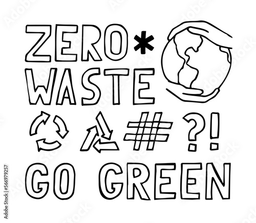 Zero waste go green lettering. Hands holding earth. Recycle icon.