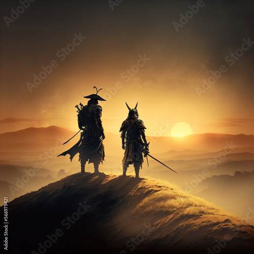 two samurai on a hill top Generative AI