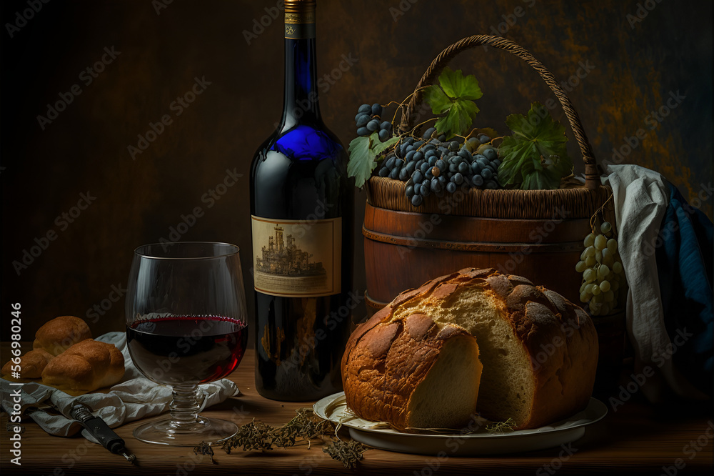 A glass of red wine, fresh bread, a bottle of wine and a basket with grapes.