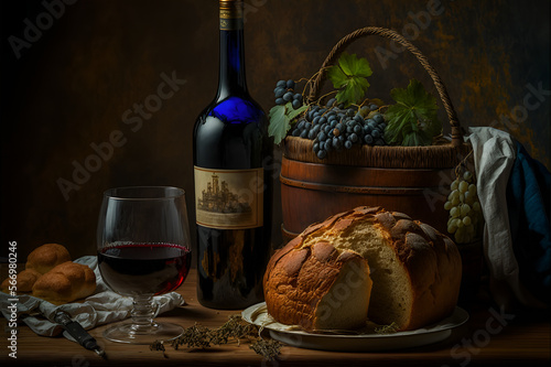 A glass of red wine, fresh bread, a bottle of wine and a basket with grapes.