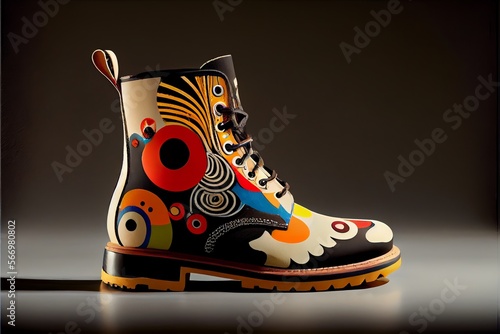 a pair of boots with an abstract colorful pattern photo