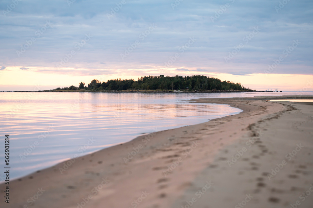 View of a sandy beach and an island. Pörkenäs, Jakobstad/Pietarsaari. Finland