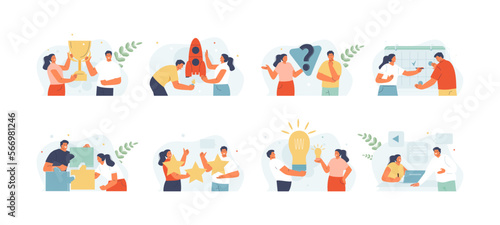 Team man and woman in different business situations. Idea, planning, success, collaboration, feedback, problem solving. Vector illustration set